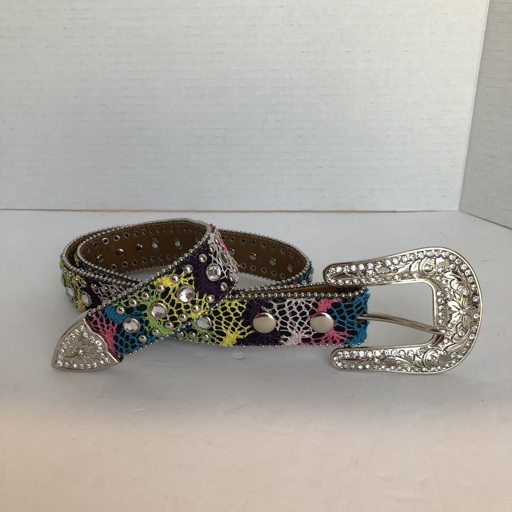Nocona N4410897-28 Girls Brown Multicolor Silver Leather Rhinestone Studded Belt